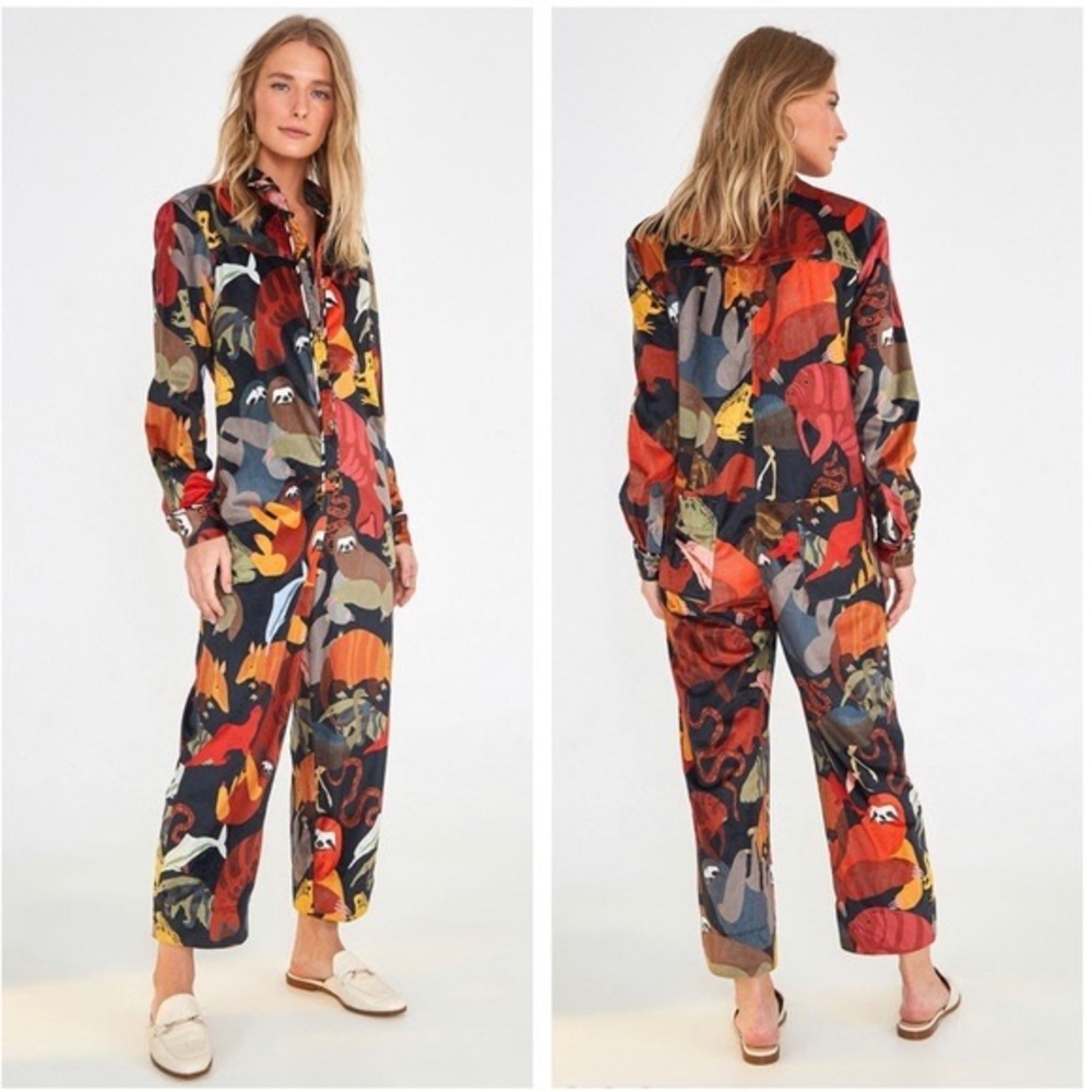 Farm Rio Amazonian Animals Velour Long Sleeve Jumpsuit XS 🦥 🐍 🐸 🐬